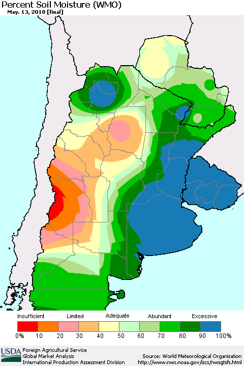Southern South America Percent Soil Moisture (WMO) Thematic Map For 5/7/2018 - 5/13/2018