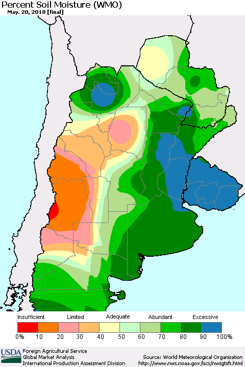 Southern South America Percent Soil Moisture (WMO) Thematic Map For 5/14/2018 - 5/20/2018
