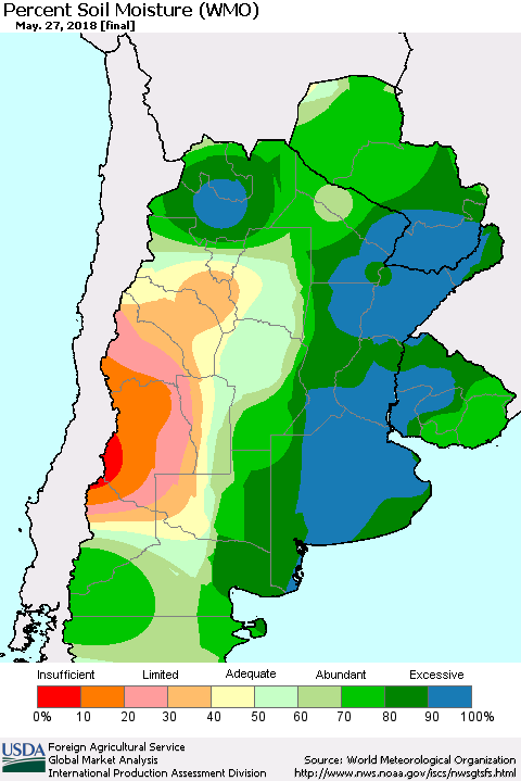 Southern South America Percent Soil Moisture (WMO) Thematic Map For 5/21/2018 - 5/27/2018