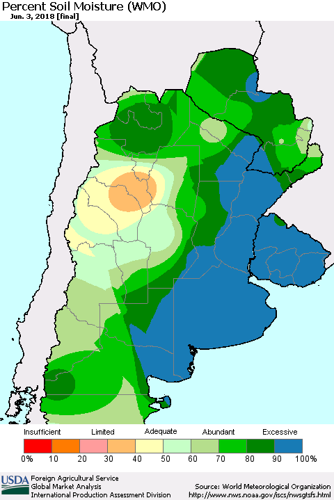 Southern South America Percent Soil Moisture (WMO) Thematic Map For 5/28/2018 - 6/3/2018
