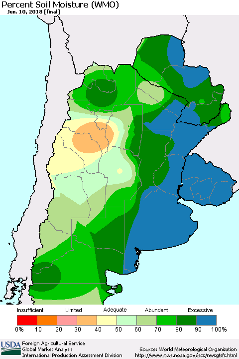Southern South America Percent Soil Moisture (WMO) Thematic Map For 6/4/2018 - 6/10/2018