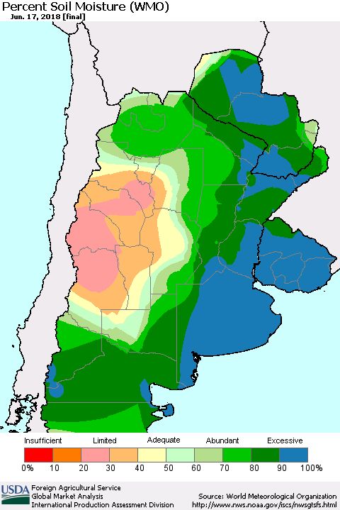 Southern South America Percent Soil Moisture (WMO) Thematic Map For 6/11/2018 - 6/17/2018