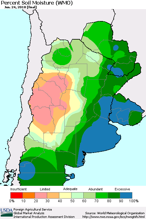 Southern South America Percent Soil Moisture (WMO) Thematic Map For 6/18/2018 - 6/24/2018