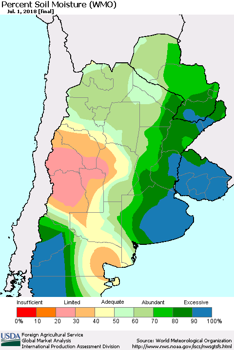 Southern South America Percent Soil Moisture (WMO) Thematic Map For 6/25/2018 - 7/1/2018