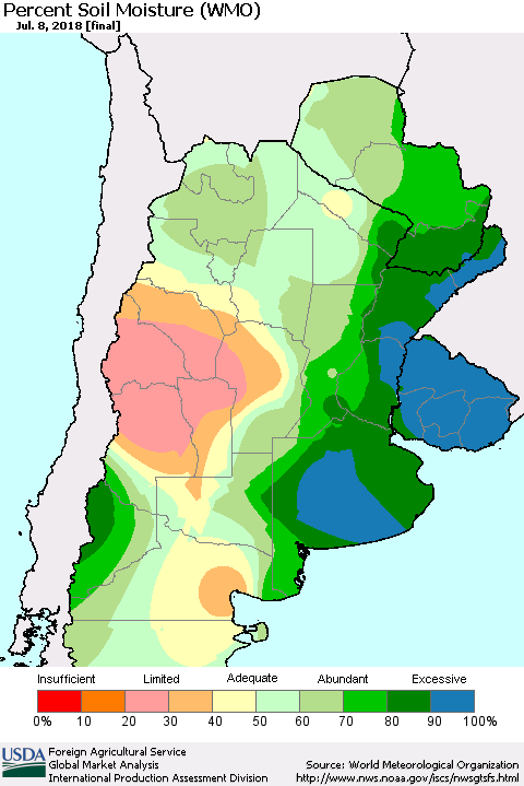 Southern South America Percent Soil Moisture (WMO) Thematic Map For 7/2/2018 - 7/8/2018