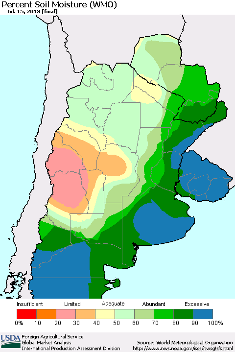 Southern South America Percent Soil Moisture (WMO) Thematic Map For 7/9/2018 - 7/15/2018