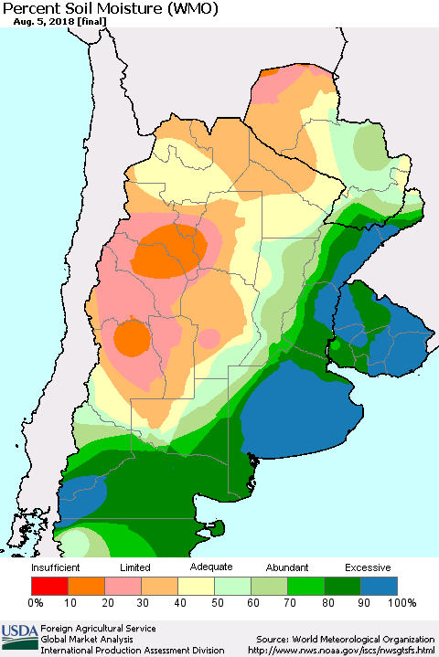 Southern South America Percent Soil Moisture (WMO) Thematic Map For 7/30/2018 - 8/5/2018