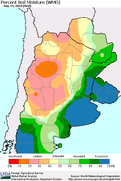 Southern South America Percent Soil Moisture (WMO) Thematic Map For 8/6/2018 - 8/12/2018
