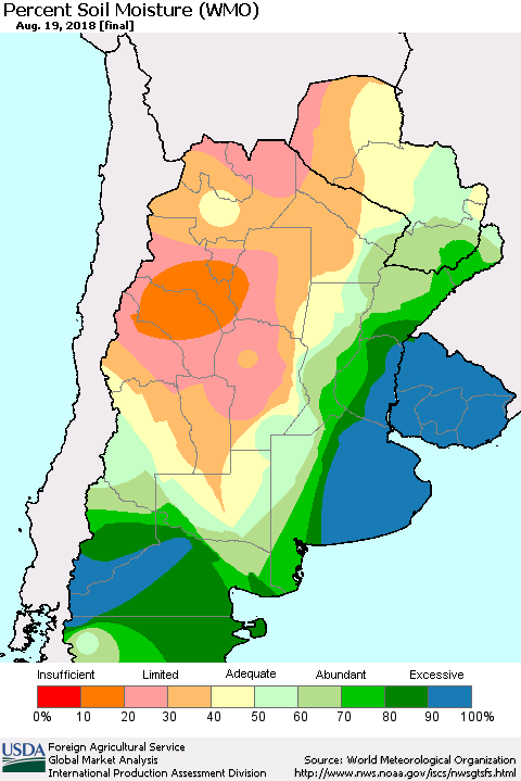 Southern South America Percent Soil Moisture (WMO) Thematic Map For 8/13/2018 - 8/19/2018