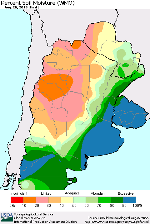 Southern South America Percent Soil Moisture (WMO) Thematic Map For 8/20/2018 - 8/26/2018