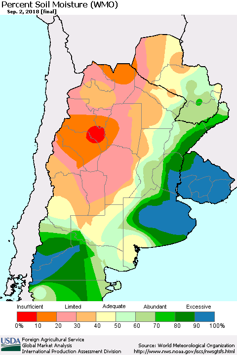 Southern South America Percent Soil Moisture (WMO) Thematic Map For 8/27/2018 - 9/2/2018