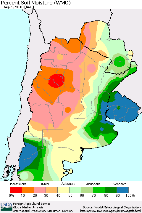 Southern South America Percent Soil Moisture (WMO) Thematic Map For 9/3/2018 - 9/9/2018