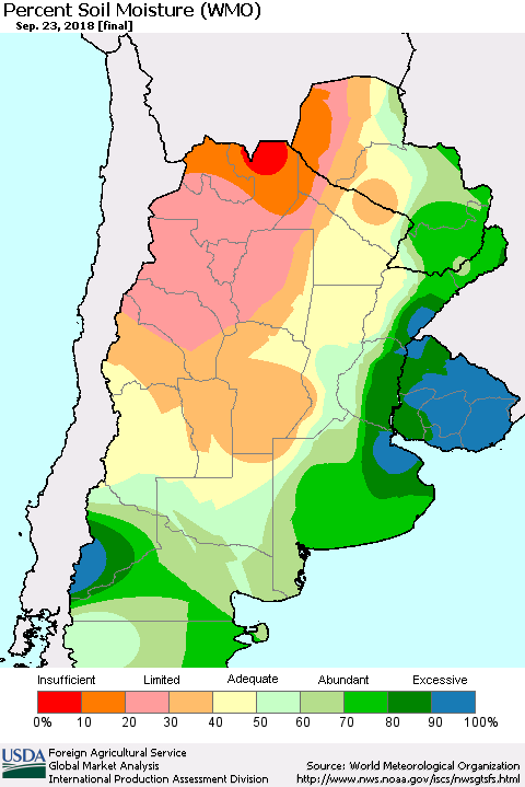 Southern South America Percent Soil Moisture (WMO) Thematic Map For 9/17/2018 - 9/23/2018