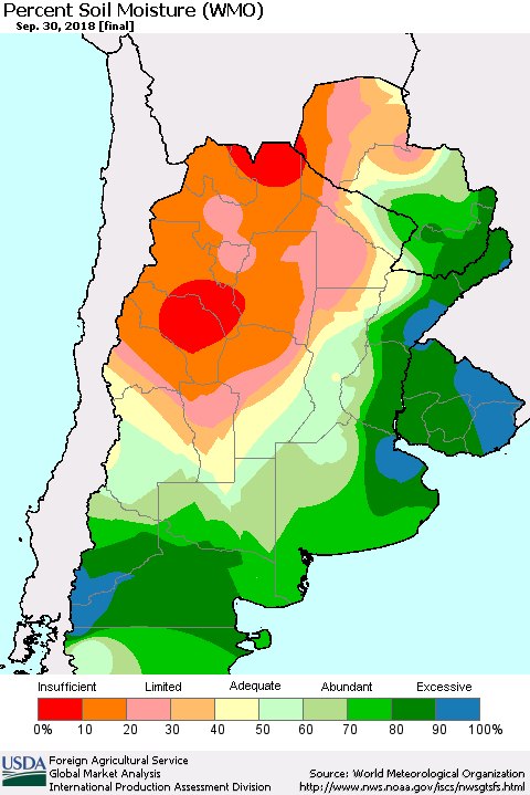 Southern South America Percent Soil Moisture (WMO) Thematic Map For 9/24/2018 - 9/30/2018