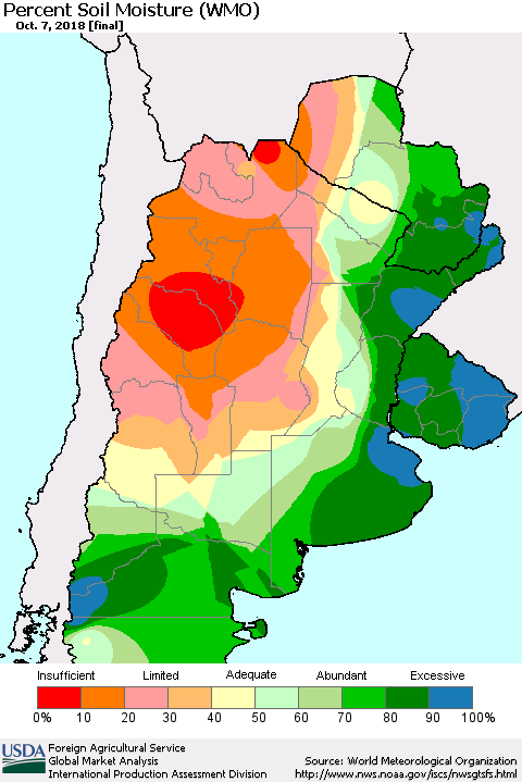 Southern South America Percent Soil Moisture (WMO) Thematic Map For 10/1/2018 - 10/7/2018