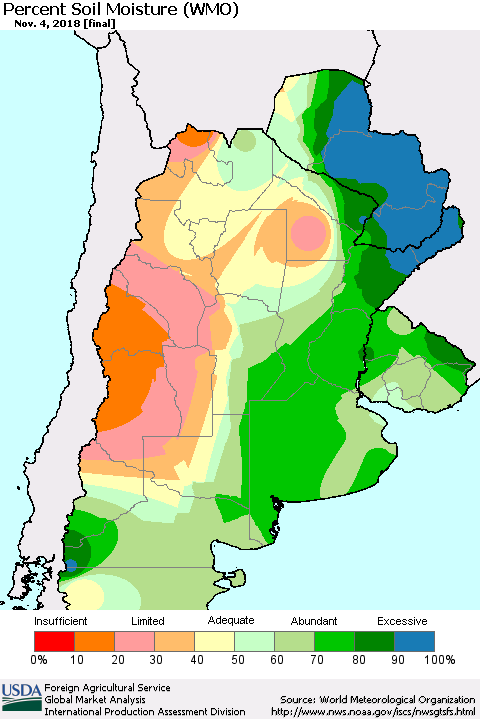Southern South America Percent Soil Moisture (WMO) Thematic Map For 10/29/2018 - 11/4/2018