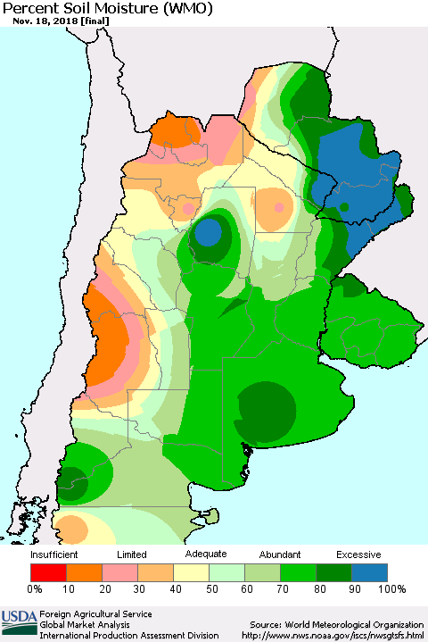 Southern South America Percent Soil Moisture (WMO) Thematic Map For 11/12/2018 - 11/18/2018