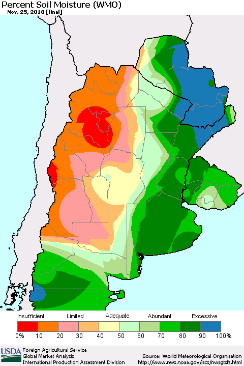 Southern South America Percent Soil Moisture (WMO) Thematic Map For 11/19/2018 - 11/25/2018
