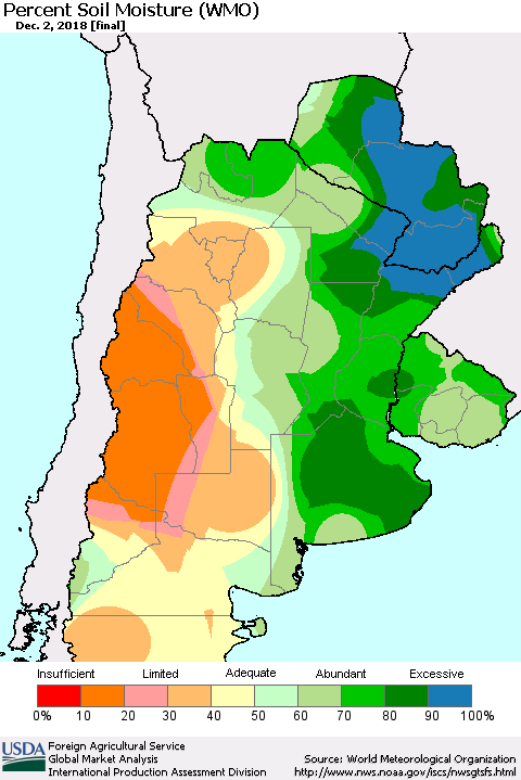 Southern South America Percent Soil Moisture (WMO) Thematic Map For 11/26/2018 - 12/2/2018