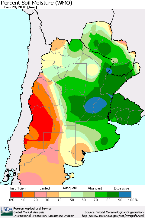 Southern South America Percent Soil Moisture (WMO) Thematic Map For 12/17/2018 - 12/23/2018
