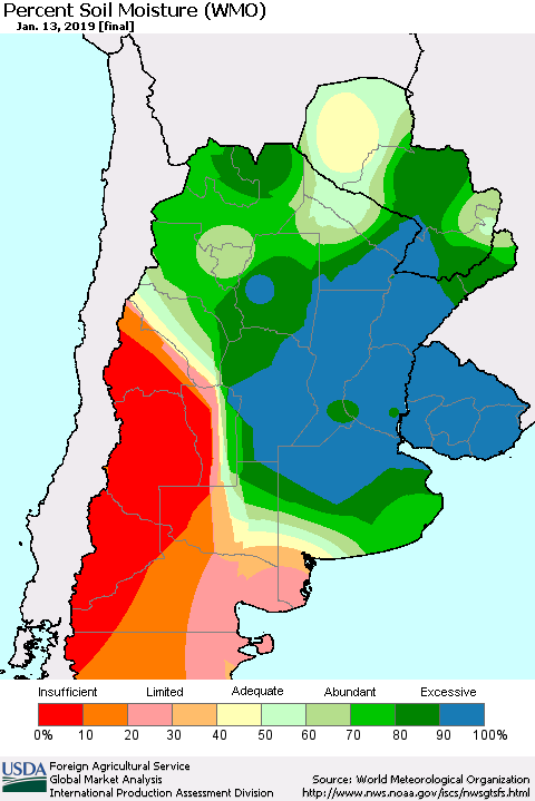 Southern South America Percent Soil Moisture (WMO) Thematic Map For 1/7/2019 - 1/13/2019