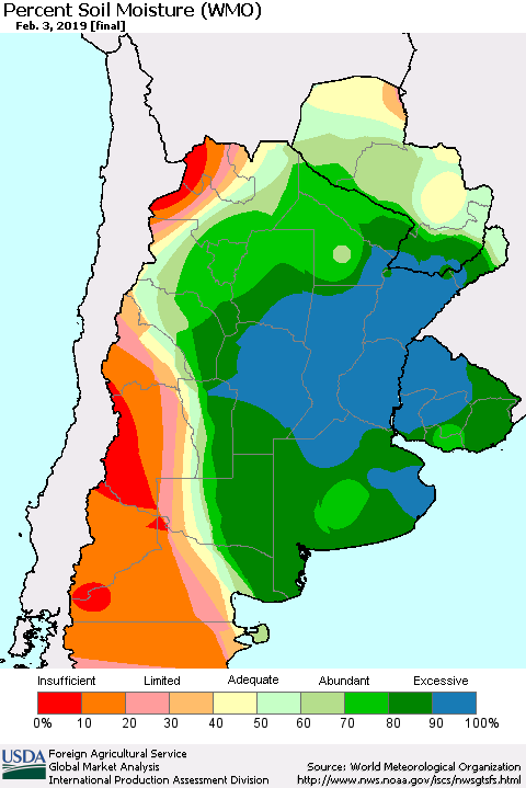 Southern South America Percent Soil Moisture (WMO) Thematic Map For 1/28/2019 - 2/3/2019