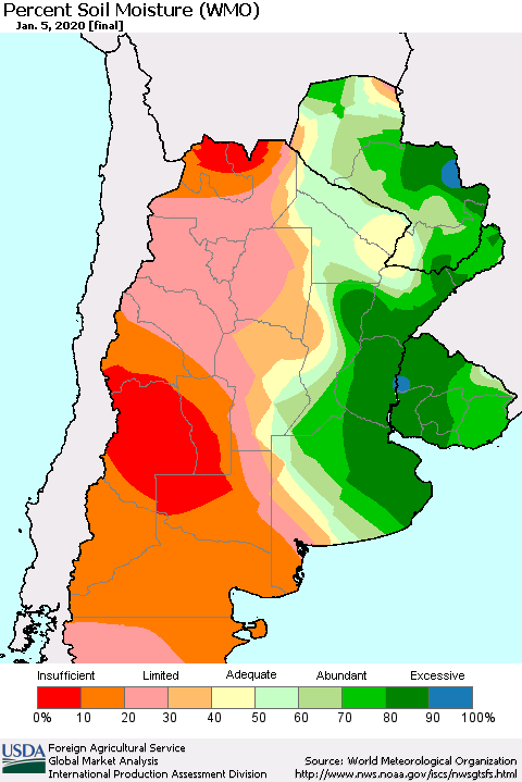 Southern South America Percent Soil Moisture (WMO) Thematic Map For 12/30/2019 - 1/5/2020
