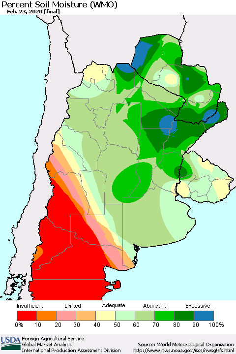 Southern South America Percent Soil Moisture (WMO) Thematic Map For 2/17/2020 - 2/23/2020