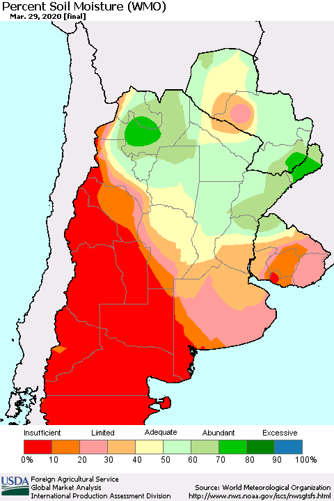 Southern South America Percent Soil Moisture (WMO) Thematic Map For 3/23/2020 - 3/29/2020