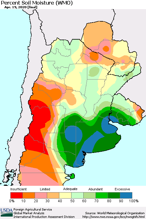 Southern South America Percent Soil Moisture (WMO) Thematic Map For 4/13/2020 - 4/19/2020