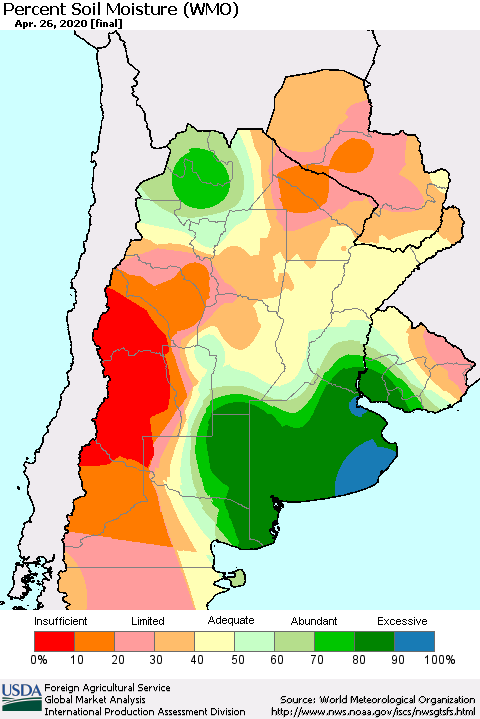 Southern South America Percent Soil Moisture (WMO) Thematic Map For 4/20/2020 - 4/26/2020