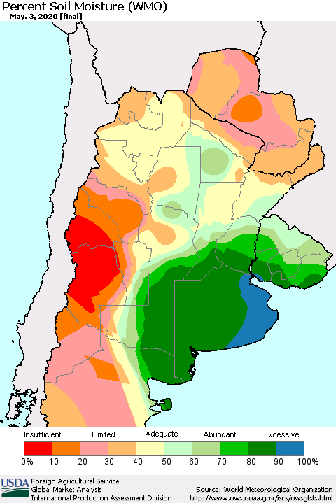 Southern South America Percent Soil Moisture (WMO) Thematic Map For 4/27/2020 - 5/3/2020