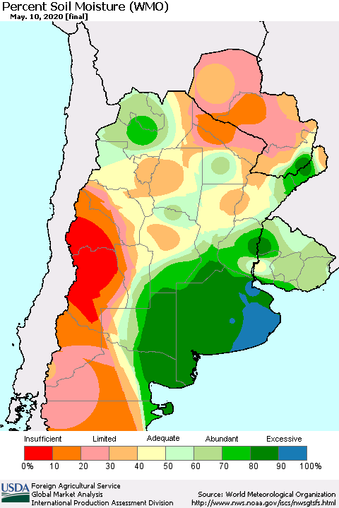 Southern South America Percent Soil Moisture (WMO) Thematic Map For 5/4/2020 - 5/10/2020