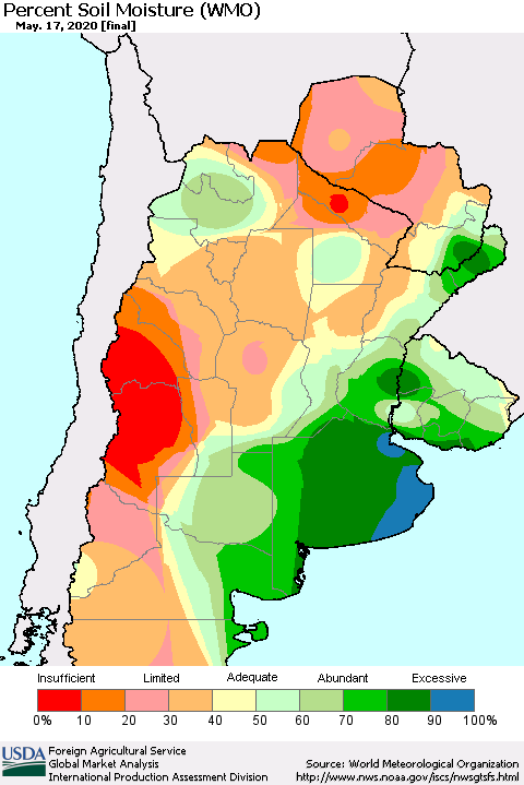 Southern South America Percent Soil Moisture (WMO) Thematic Map For 5/11/2020 - 5/17/2020