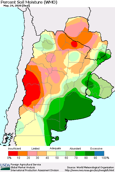 Southern South America Percent Soil Moisture (WMO) Thematic Map For 5/18/2020 - 5/24/2020