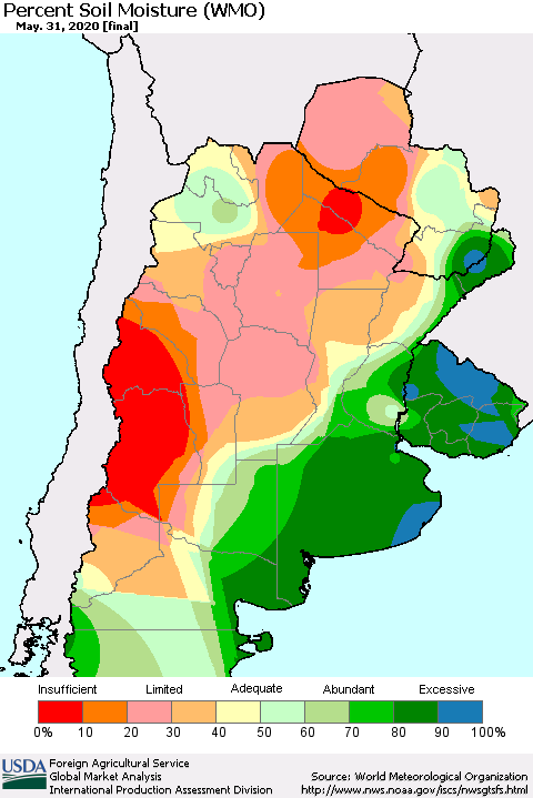 Southern South America Percent Soil Moisture (WMO) Thematic Map For 5/25/2020 - 5/31/2020