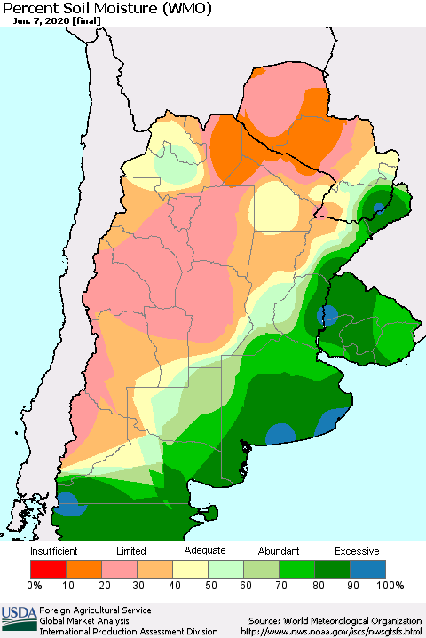 Southern South America Percent Soil Moisture (WMO) Thematic Map For 6/1/2020 - 6/7/2020