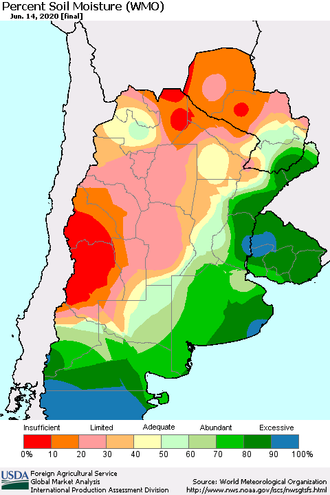 Southern South America Percent Soil Moisture (WMO) Thematic Map For 6/8/2020 - 6/14/2020