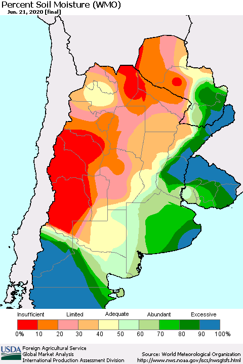 Southern South America Percent Soil Moisture (WMO) Thematic Map For 6/15/2020 - 6/21/2020