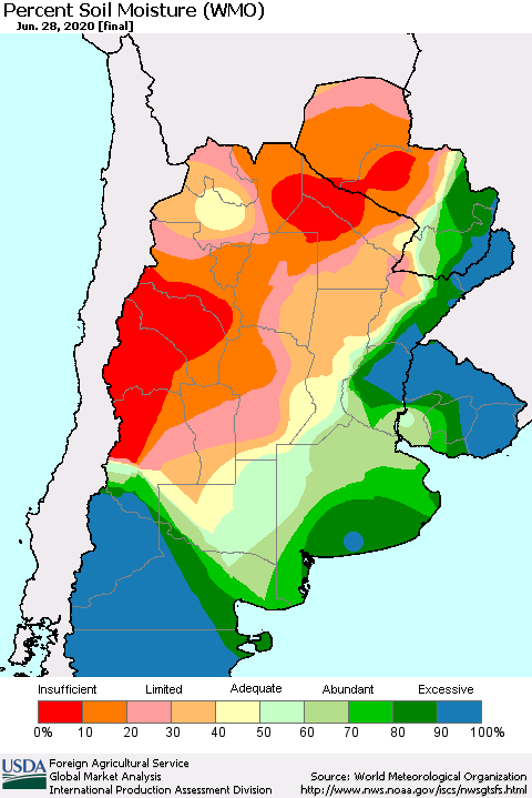 Southern South America Percent Soil Moisture (WMO) Thematic Map For 6/22/2020 - 6/28/2020