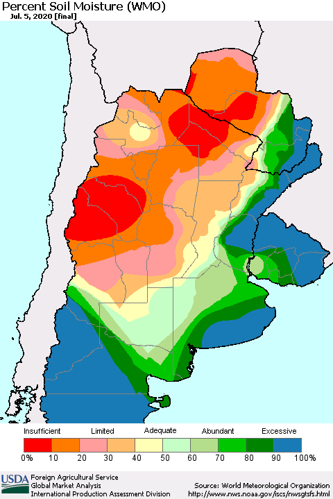 Southern South America Percent Soil Moisture (WMO) Thematic Map For 6/29/2020 - 7/5/2020