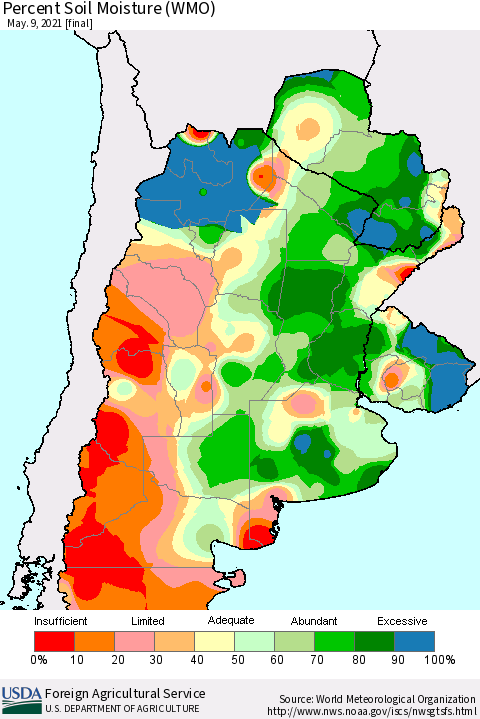 Southern South America Percent Soil Moisture (WMO) Thematic Map For 5/3/2021 - 5/9/2021