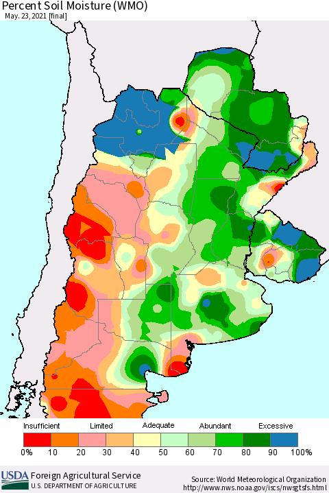 Southern South America Percent Soil Moisture (WMO) Thematic Map For 5/17/2021 - 5/23/2021