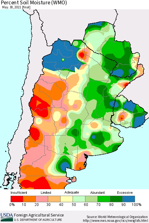 Southern South America Percent Soil Moisture (WMO) Thematic Map For 5/24/2021 - 5/30/2021