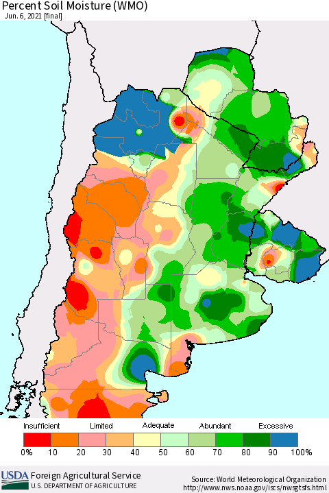 Southern South America Percent Soil Moisture (WMO) Thematic Map For 5/31/2021 - 6/6/2021