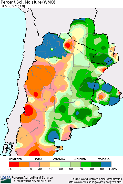 Southern South America Percent Soil Moisture (WMO) Thematic Map For 6/7/2021 - 6/13/2021