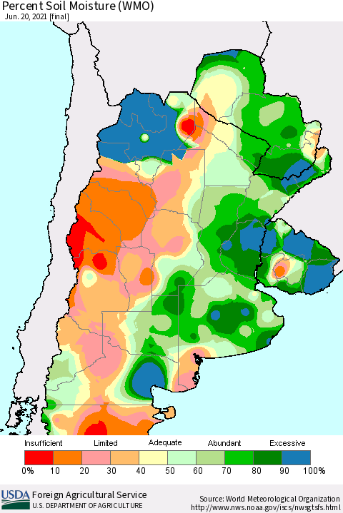 Southern South America Percent Soil Moisture (WMO) Thematic Map For 6/14/2021 - 6/20/2021