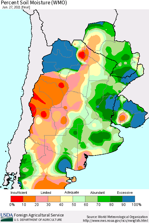Southern South America Percent Soil Moisture (WMO) Thematic Map For 6/21/2021 - 6/27/2021