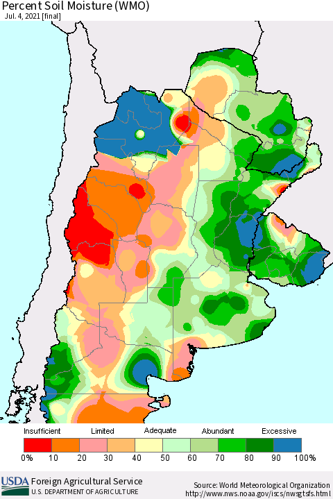 Southern South America Percent Soil Moisture (WMO) Thematic Map For 6/28/2021 - 7/4/2021