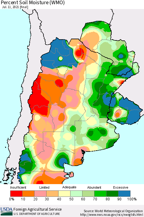 Southern South America Percent Soil Moisture (WMO) Thematic Map For 7/5/2021 - 7/11/2021
